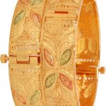 Touchstone Indian Bollywood Finely Hand Engraved Peeled Metal Pretty Mesh Work Jaipur Meenakari Enamel Exclusive Designer Jewelry Bangle Bracelets in Gold Tone for Women.
